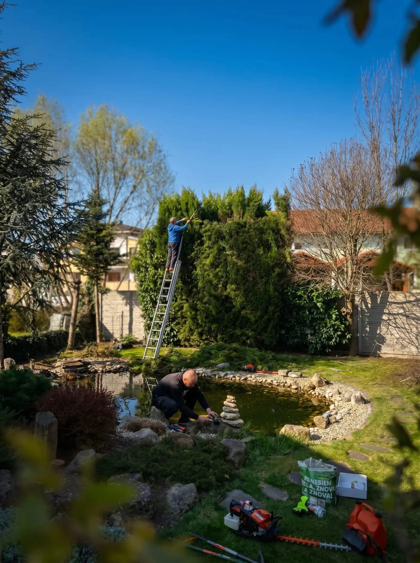 Kompletná údržba záhrady — strihanie tují, kosačka, krovinorezy a plotostrih